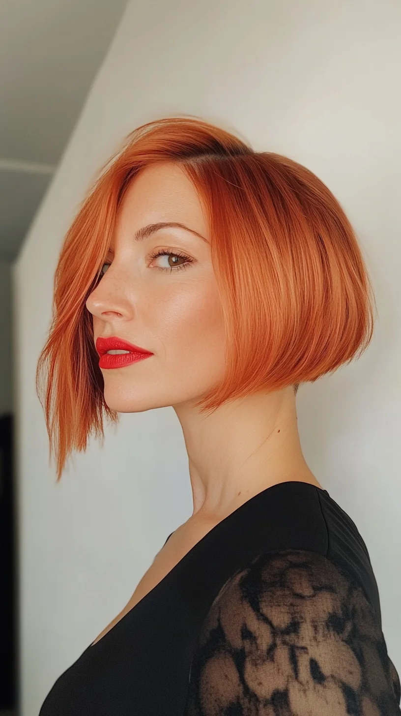 Effortlessly Chic Asymmetrical Bob with Fiery Copper Highlights