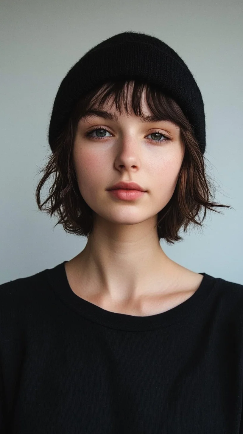 Effortlessly Chic: Short Wavy Bob with Bangs and a Casual Beanie