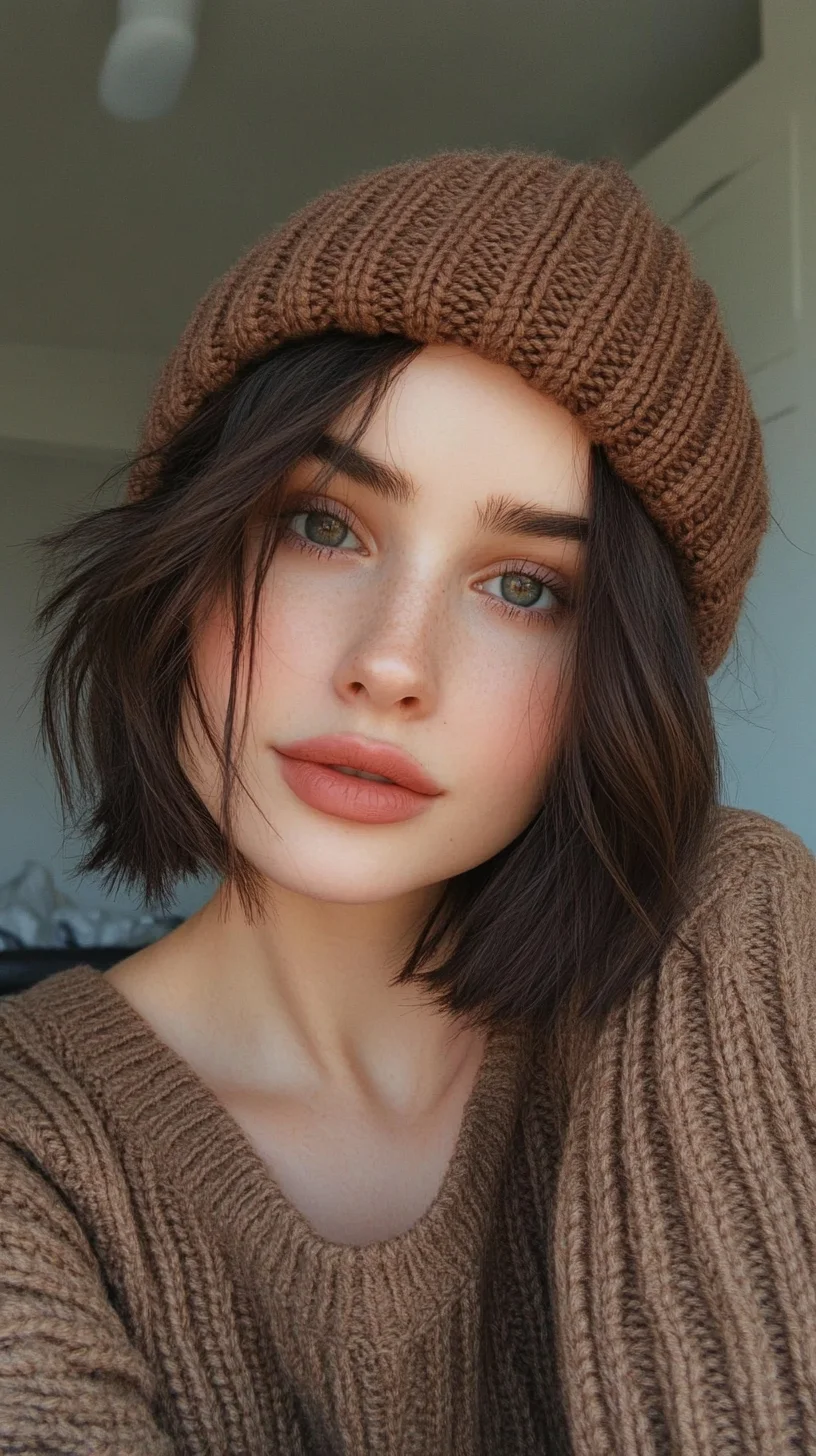 Effortlessly Chic: The Layered Bob with a Cozy Knit Beanie