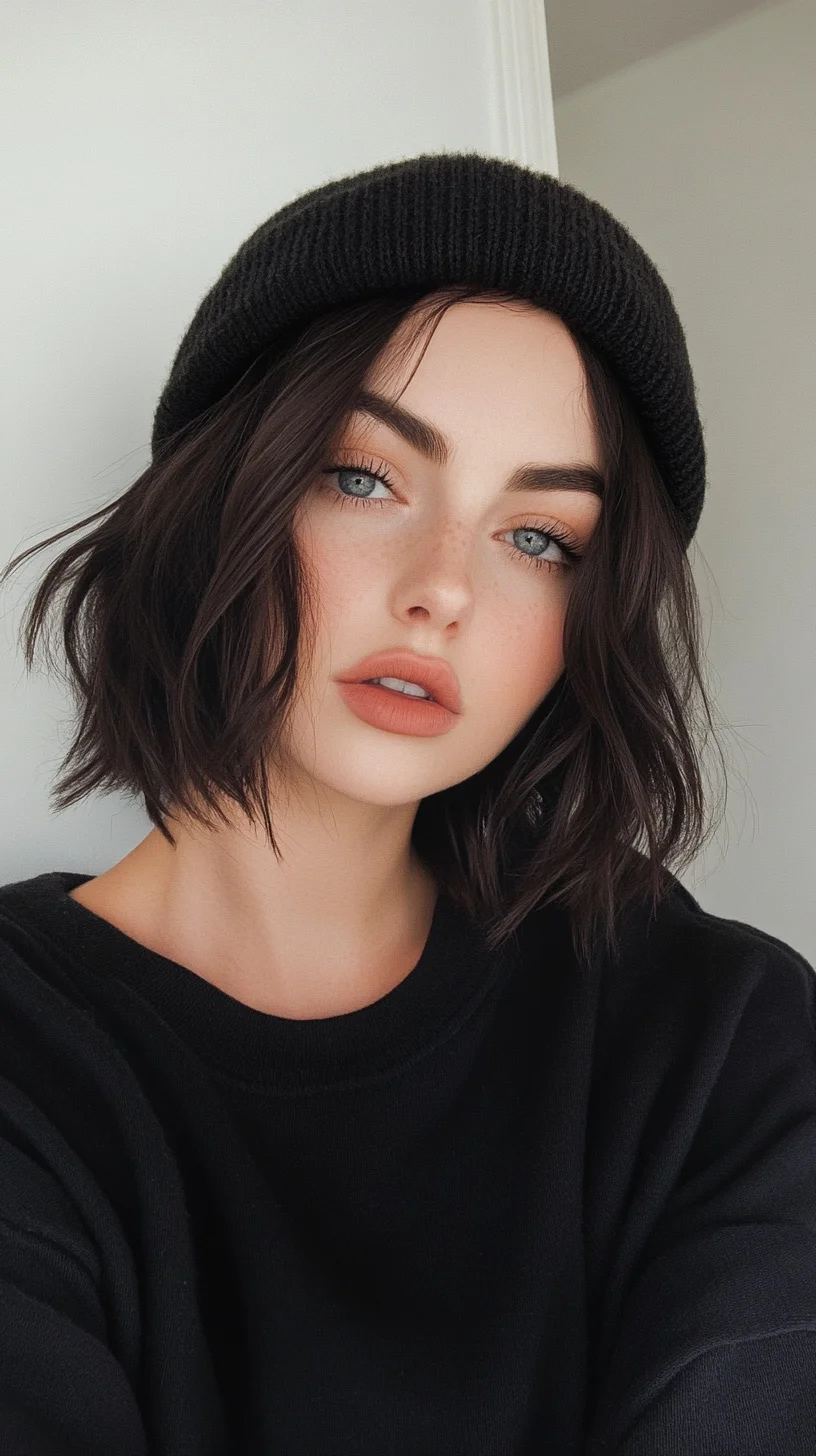 Effortlessly Chic: The Modern Wavy Bob with a Cozy Beanie