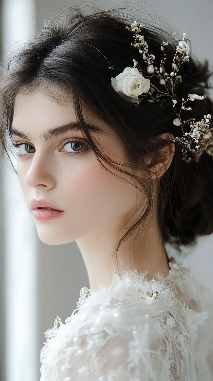 Effortlessly Romantic: A Soft Updo with Floral Accents for Timeless Elegance