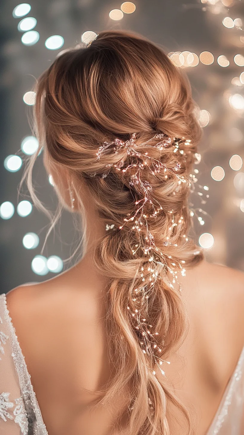 Effortlessly Romantic: The Twisted Cascading Braid with Delicate Fairy Lights