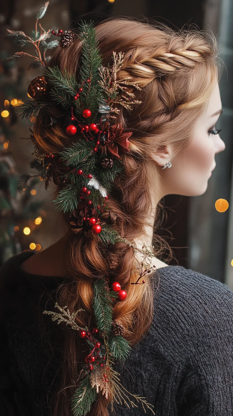 Embrace Nature: A Festive Braided Hairstyle Adorned with Holiday Greens