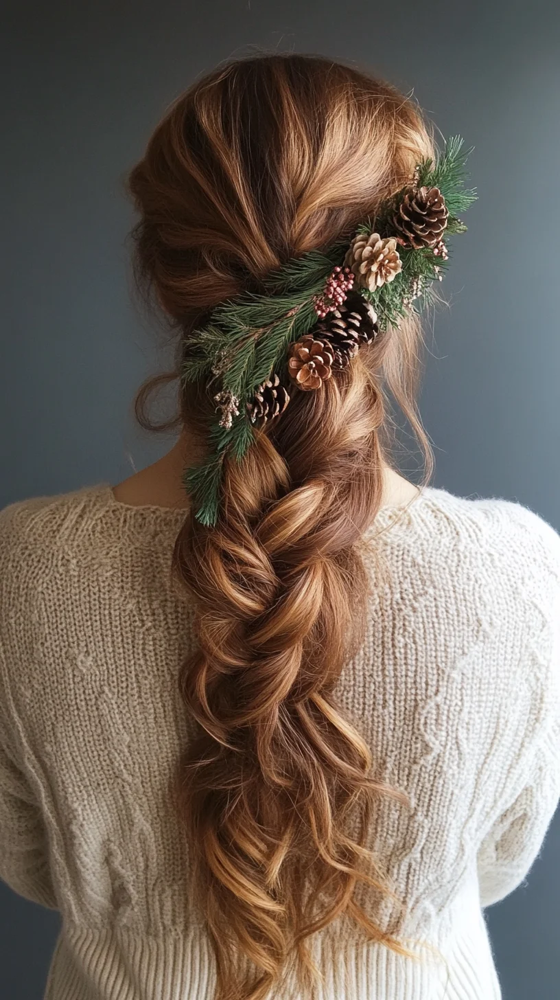 Embrace Nature's Touch: A Festive Braided Hairstyle Adorned with Pinecones