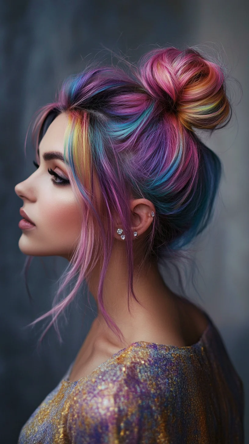 Embrace the Playful Charm of a Colorful Top Knot: Bold and Beautiful Hair