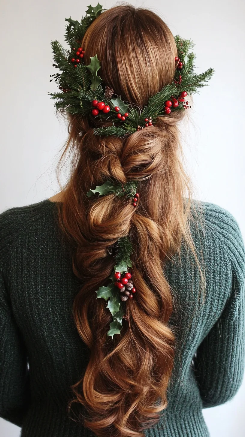 Enchanting Holiday Twist: A Romantic Hairdo Adorned with Nature's Bounty