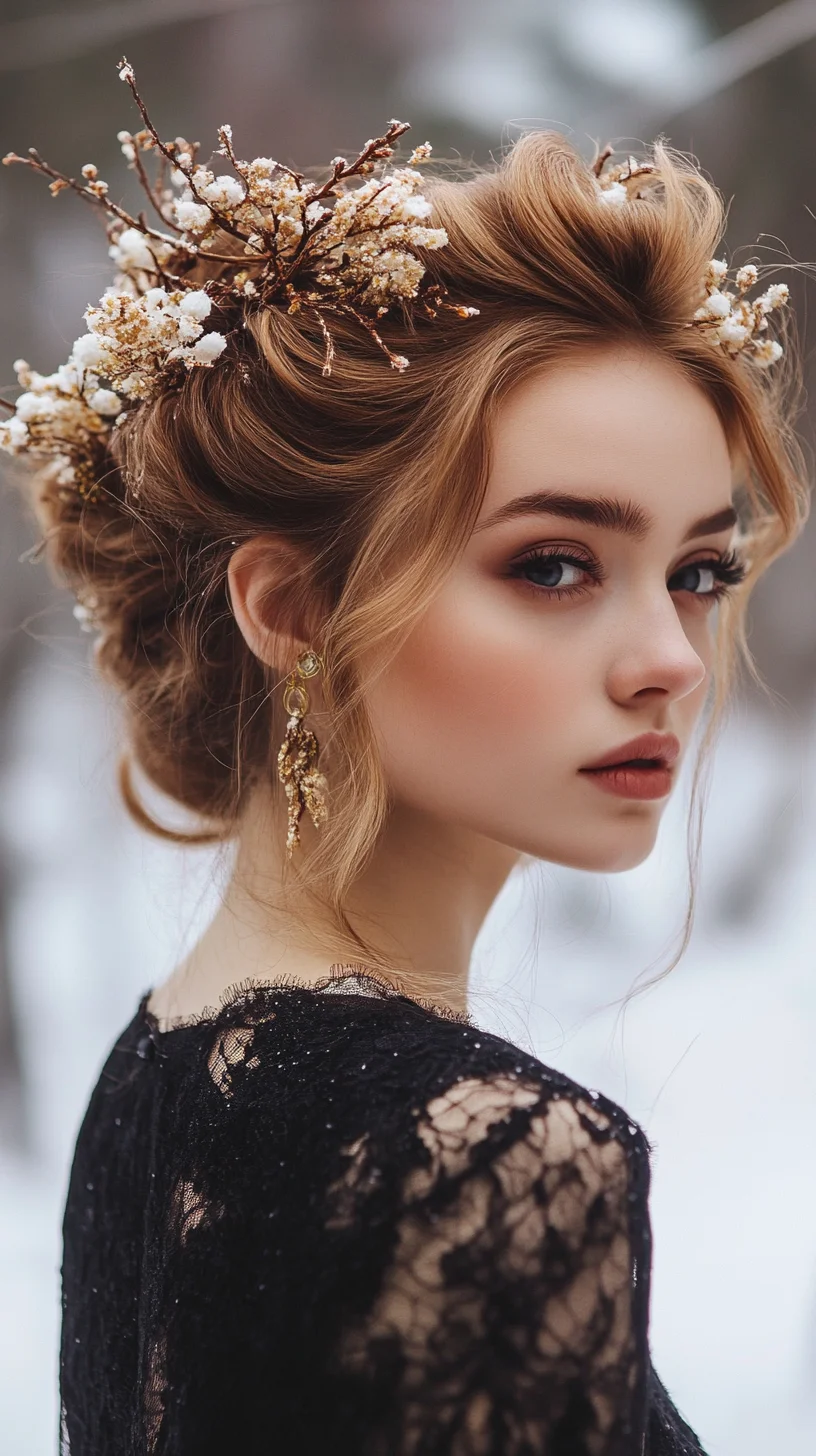 Enchanting Winter Updo: A Romantic Hairstyle Embellished with Nature's Touch