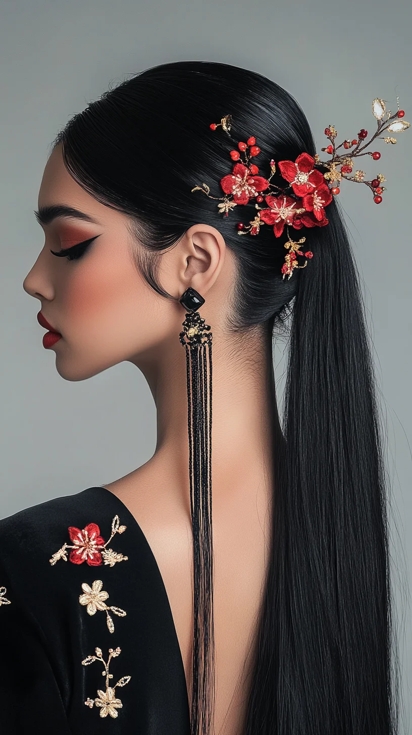 Exquisite Elegance: Sleek Long Hair Adorned with Floral Accents