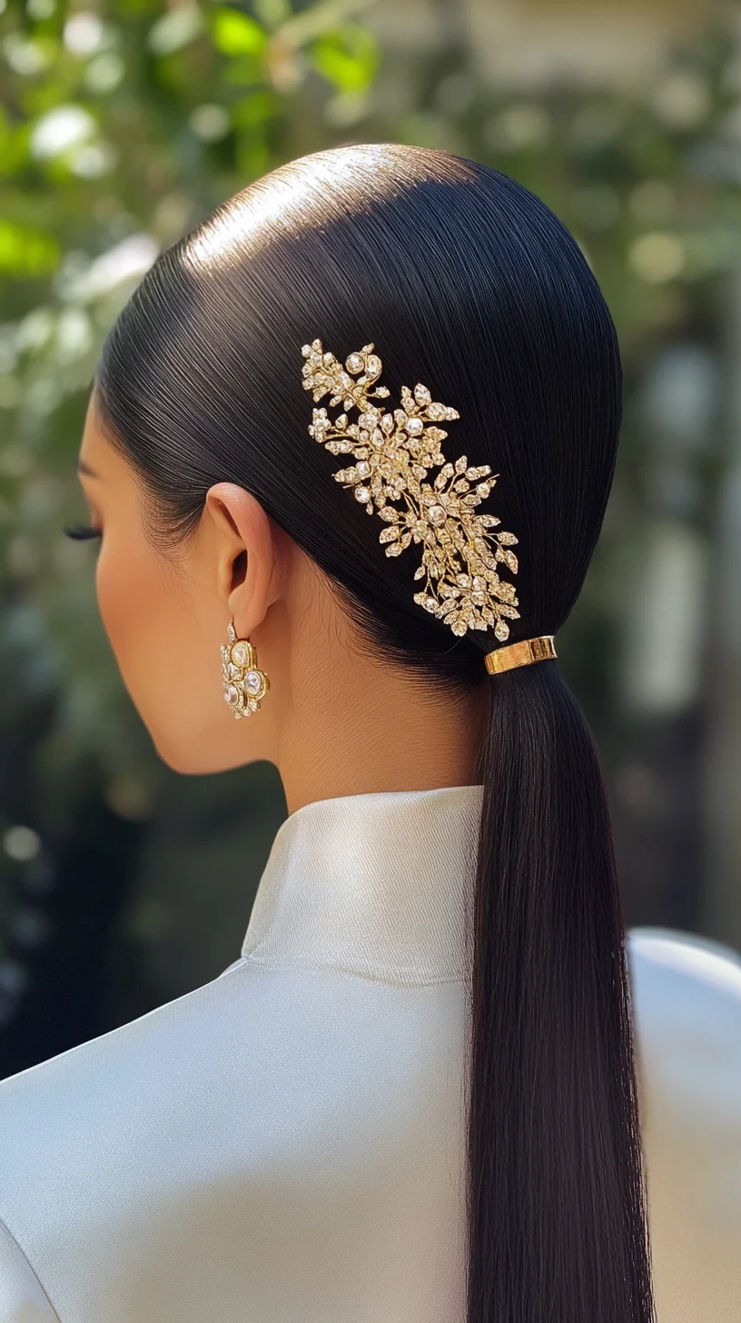 Sleek Elegance: The Charming Low Ponytail with Floral Accents