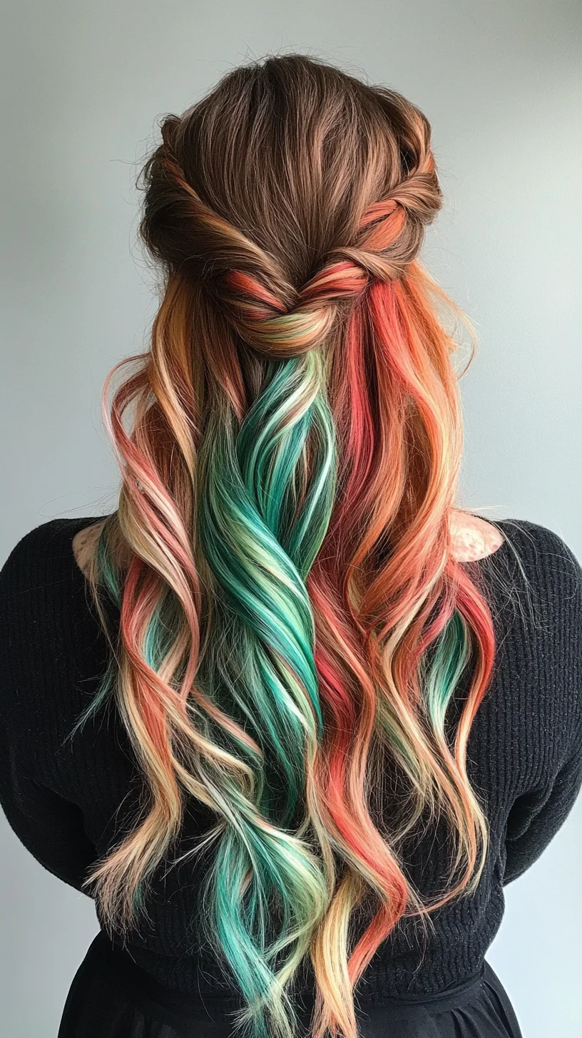 Vibrant Ocean Waves: A Playful Half-Up Hairstyle with Bold Color Accents