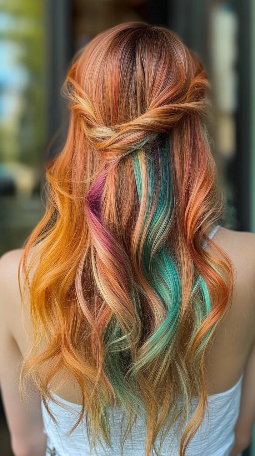 Vibrant Twisted Half-Up Hairstyle with Bold Color Highlights